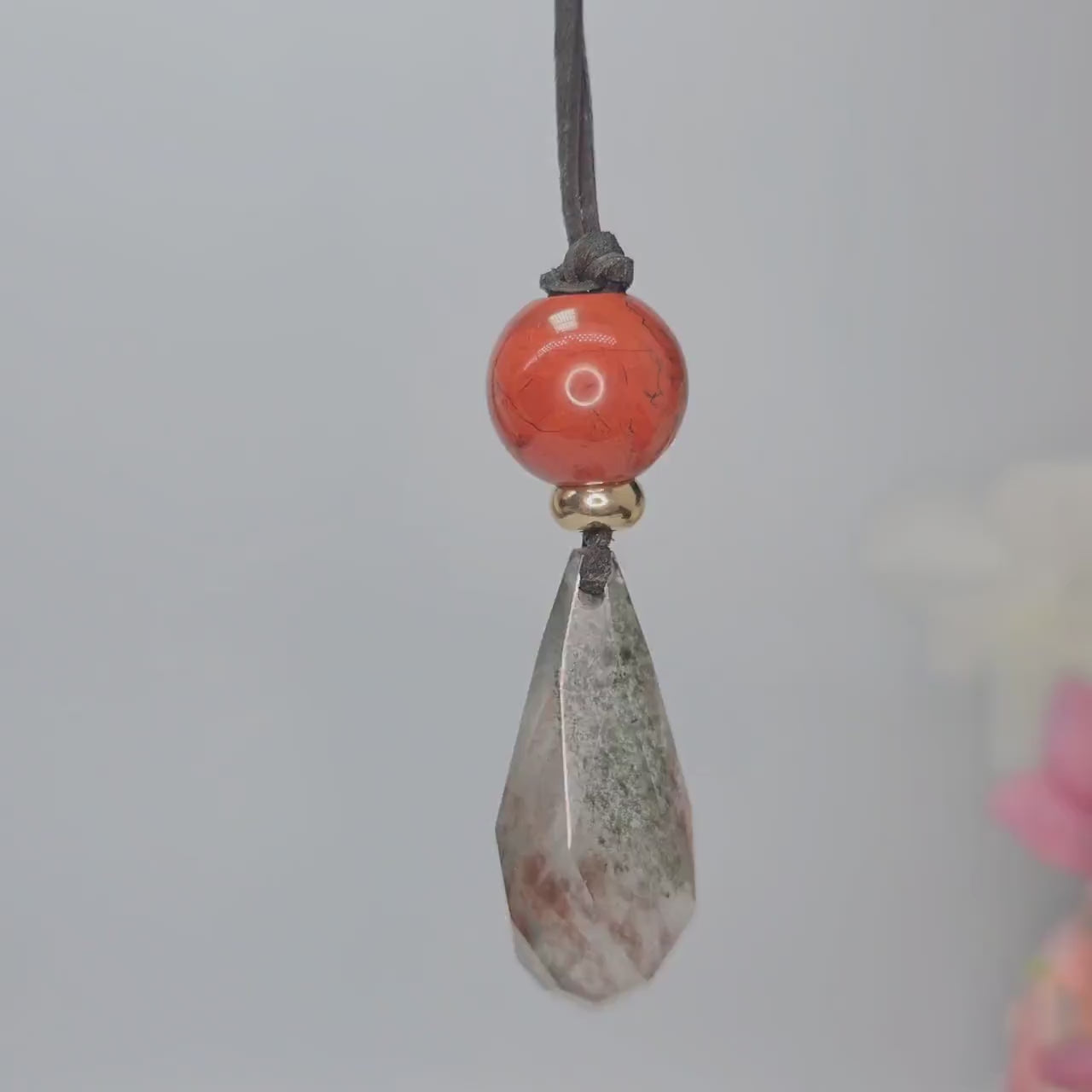 Chunky Garden Quartz Necklace, Geometric Faceted Phantom Crystal Pendant with Red Jasper, Zen Spiritual Jewelry, Adjustable Leather  #2573