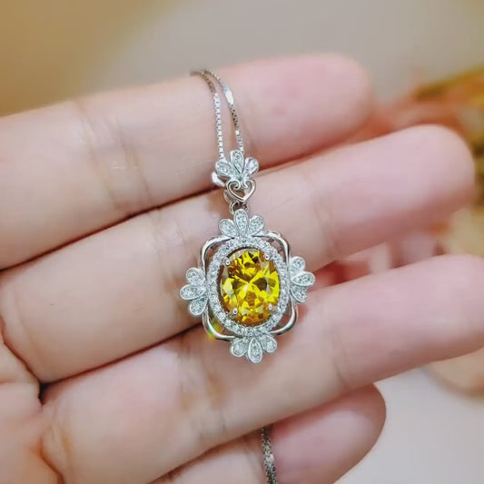 Lab Created Yellow Moissanite Gemstone Necklace - 18KGP @ Sterling Silver - White Gold - Royal Flower - November Birthstone #661