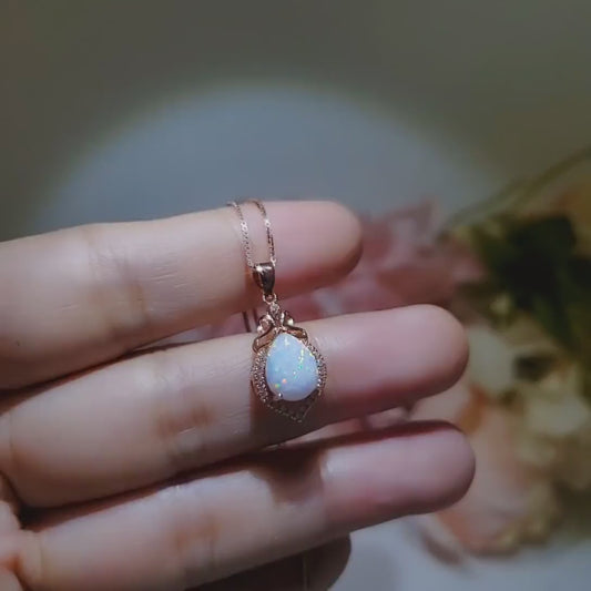 Rose Gold Fire Opal Necklace Sterling Silver Teardrop Tiny White Opal Pendant Solid 18kgp 074