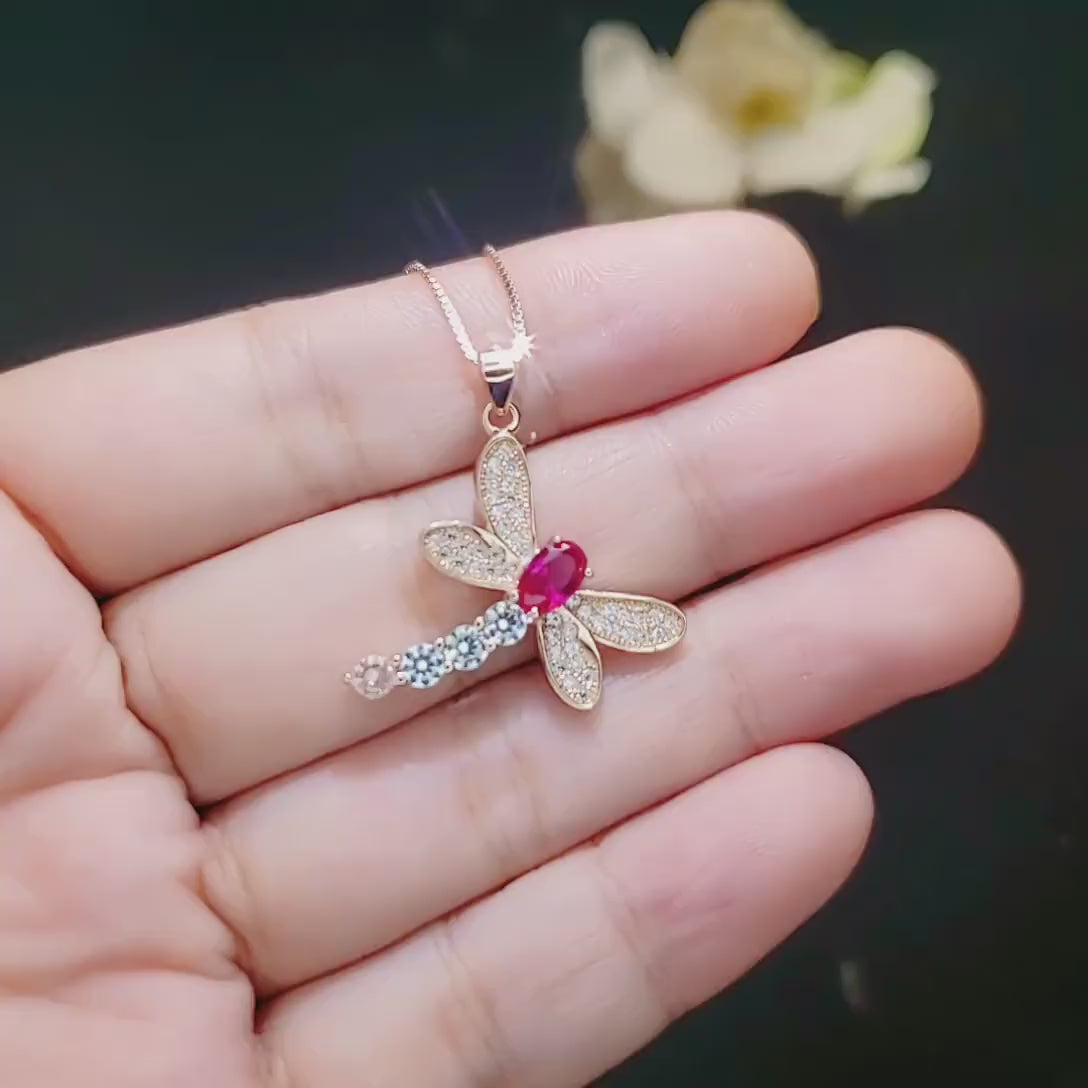 Dragonfly Ruby Necklace - Rose Gold Coated 925 Sterling Silver - July Birthstone oval cut red ruby 16"  ~20"  Chain #337