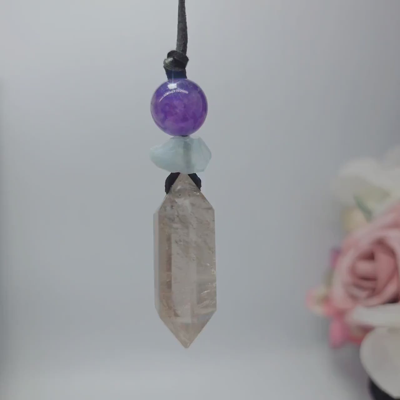 Natural Smoky Quartz Crystal Point & Amethyst Geometric Necklace, Blue Aura Quartz Chunky Pendant with Adjustable Leather Cord