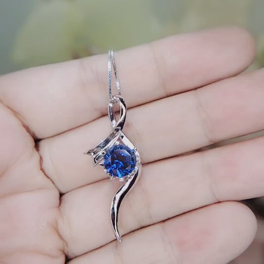Blue Sapphire Necklace White Gold Sterling Silver Dynamic Bow Swirl 2 CT Blue Pendant September Birthstone Infinity S Style  #558