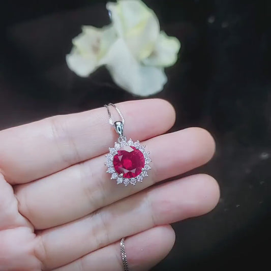 Large 10mm Ruby Necklace with Pink Tourmaline White gold @ Sterling Silver - Classic Princess Diana Style - Box Chain 4 CT Ruby Jewelry #520