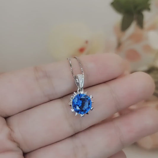 Gemstone Star Blue Sapphire Necklace, White Gold Sterling Silver 2.2 CT Blue Gemstone Sapphire Pendant Jewelry 099