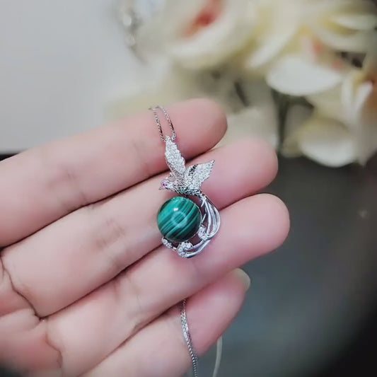 Natural Green Malachite Phoenix Necklace White Gold plated Sterling Silver Bird Pendant #559