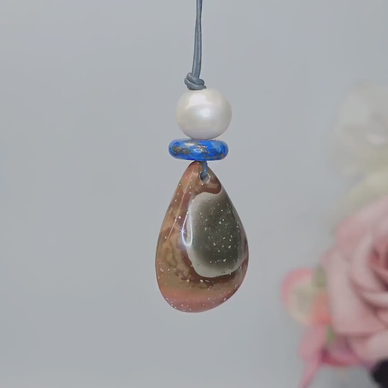 Ocean Jasper Necklace Baroque Pearl Lapis Lazuli Pendant Geometric Chunky Jewelry for Her, Adjustable Leather Cord Birthstone Gift