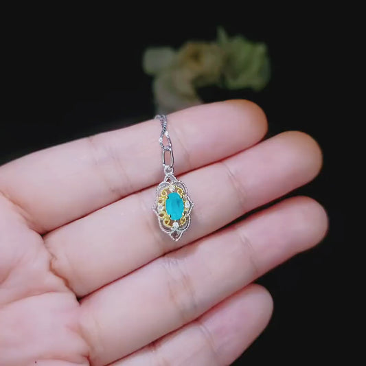 Tiny Thorn Apple Paraiba Necklace - Gold decorated Sterling Silver Minimalist Oval Blue Paraiba Pendant - Blessing Buddha Hand Jewelry #115