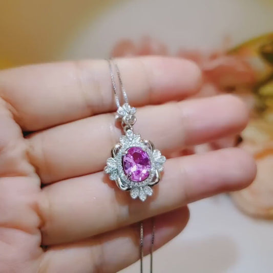 2 CT Pink Tourmaline Necklace - Royal Flower Pendant - Large Oval Fuchsia Gemstone Sterling Silver - 18KGP - Pink Tourmaline Pendant #663