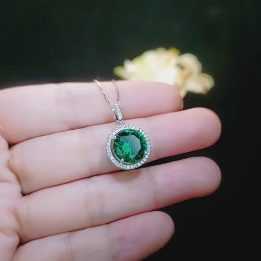 Large Gemstone Halo Emerald Necklace - 4 CT Round Green Emerald  Pendant - Sterling Silver Circle Green Gemstone Jewelry #447