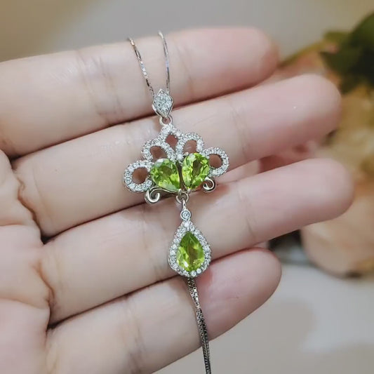 Natural Green Peridot Necklace -  Gemstone Phoenix Peacock Genuine Peridot Pendant -18kgp sterling silver #617