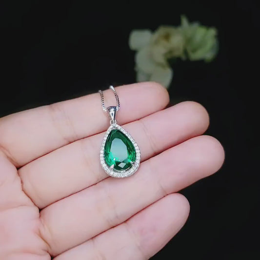 Large Green Emerald Necklace - 6.5 Ct Teardrop Emerald Pendant - White Gold coated Sterling Silver Pear Green Gemstone Jewelry #701