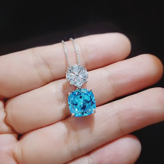 Four leaf clover Blue Topaz Necklace - Cushion Cut 5 CT -  Swiss Blue Topaz Pendant -  Gemstone Flower Bail  - 18KGP @ Sterling Silver #1042