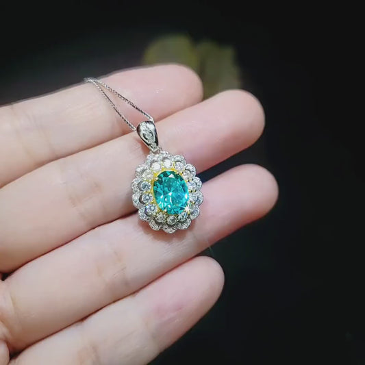 Green Paraiba Tourmaline Necklace - Double Halo Wave Circle - White Gold coated Sterling Silver - Oval 2 Ct Paraiba Pendant #848