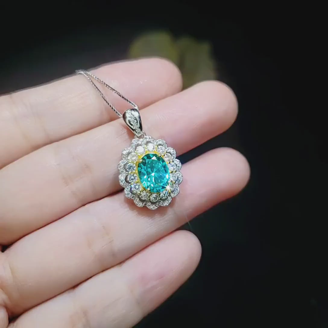 Green Paraiba Tourmaline Necklace - Double Halo Wave Circle - White Gold coated Sterling Silver - Oval 2 Ct Paraiba Pendant #848