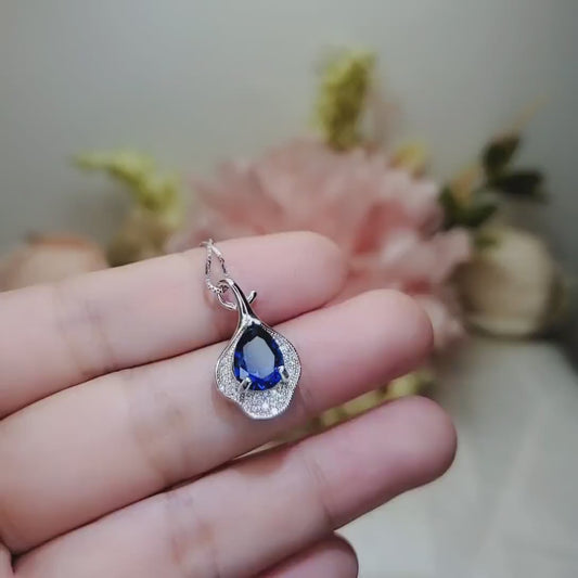 Blue Sapphire Petal Necklace Sterling Silver White Gold Plated - 2.5 CT Teardrop Blue Sapphire Pendant - Gemstone Petal Flower Jewelry #486