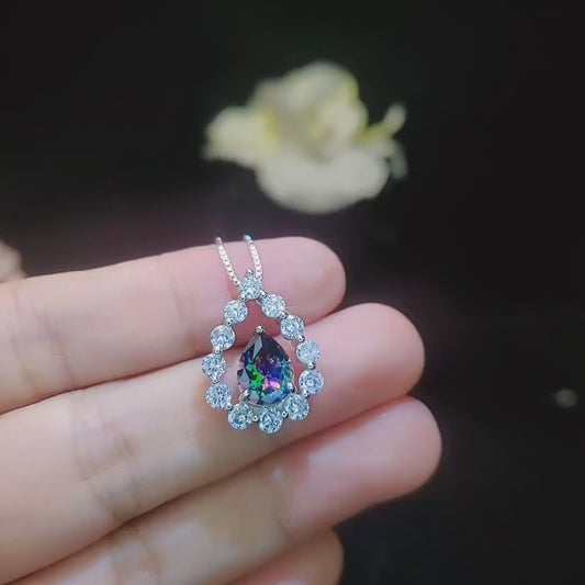 Mystic Topaz Necklace - 18kgp Sterling Silver - Gemstone Halo - Teardrop Rainbow Mystic Topaz Pendant  - Pear Cut 2.6 CT #399