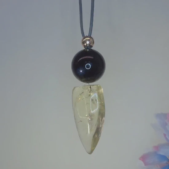 Chunky Citrine Shield Necklace, Geometric Black Obsidian Pendant on 30" Adjustable Real Leather Cord, Large Natural Crystal Protection #2540