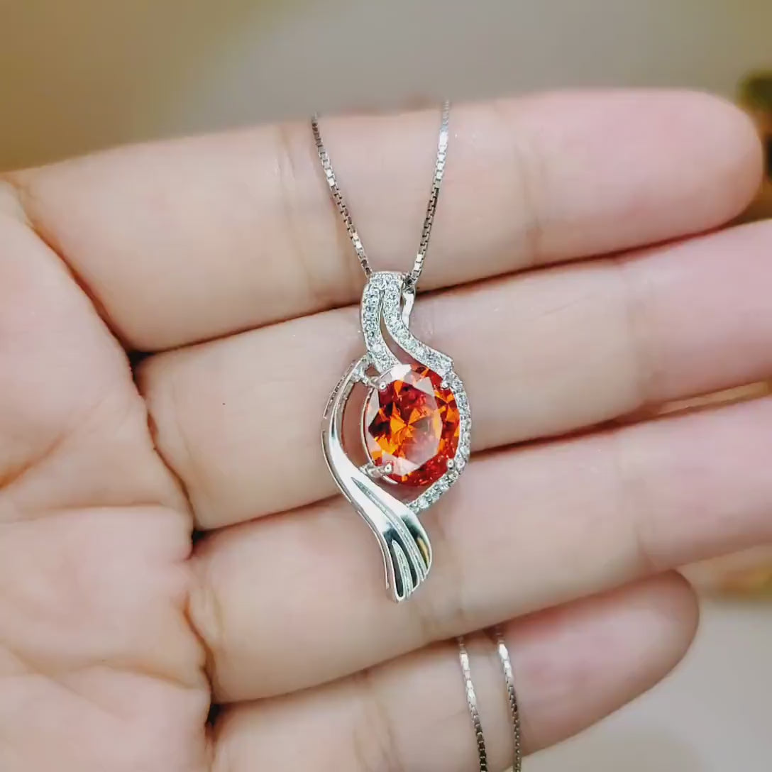 Large Sunstone Necklace , Gemstone Sterling Silver Wave Sun Stone Orange Gemstone Pendant White Gold coated - Orange Sapphire Necklace #567