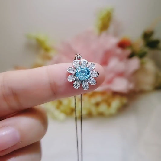 Aquamarine Necklace Sterling Silver Sunflower Pendant Sim Gemstone 1 Ct Blue Gemstone Pendant White Gold  March Birthstone Tiny Floral 054