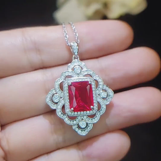 Large Red Ruby Necklace -  Faceted Rectangle 5 CT Red Ruby Pendant - Gemstone Flower of Prosperity - 18GP Sterling Silver - Scissor Cut #827