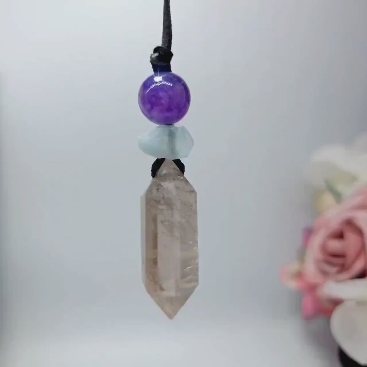 Natural Smoky Quartz Crystal Point & Amethyst Geometric Necklace, Blue Aura Quartz Chunky Pendant with Adjustable Leather Cord