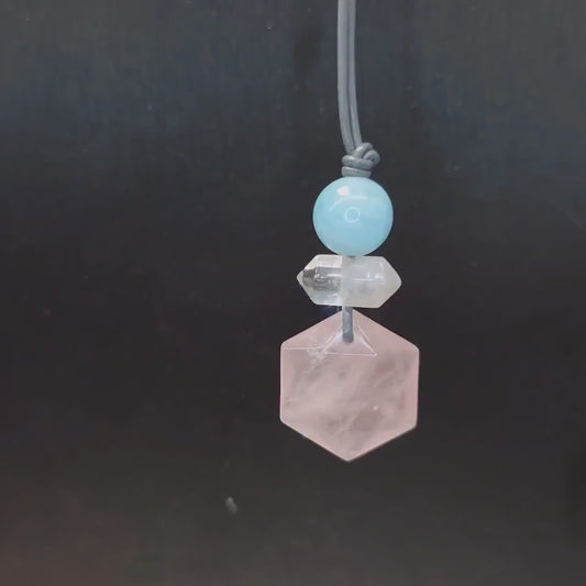 Rose Quartz Hexagon Necklace, Clear Quartz Chunky Geometric Pendant, Aquamarine Birthstone Jewelry for Women, Adjustable Leather Cord