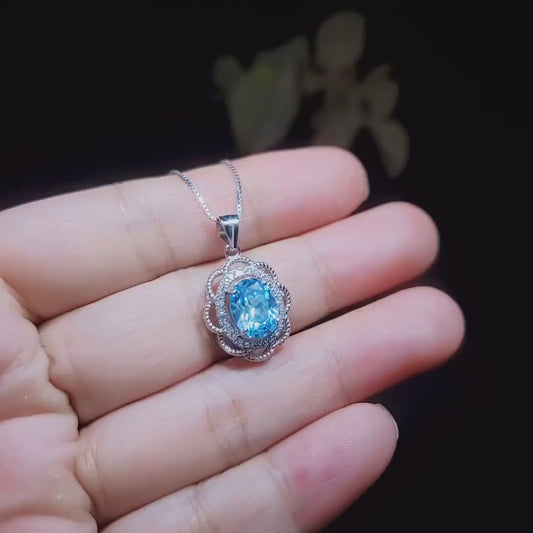 Blue Aquamarine Necklace Silver - March Birthstone -  Life Of Flower -Halo Solitaire 2.2 CT -  Blue Aquamarine Jewelry #478