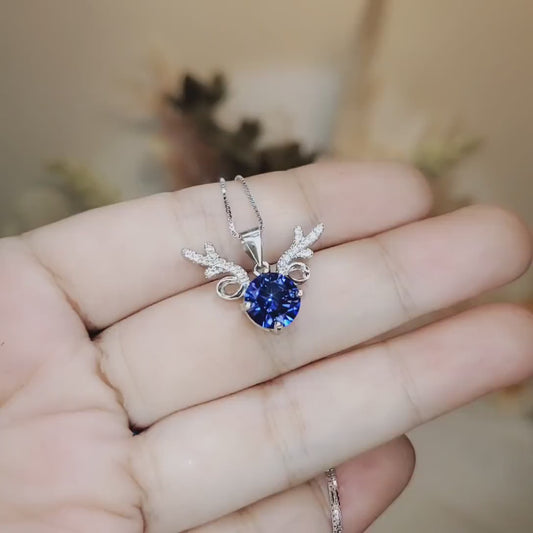 Tanzanite Necklace - Gemstone Deer Antler Pendant - 18KGP @ Sterling Silver 8mm Round 2 Ct Lab Tanzanite Pendant - December Birthstone #479