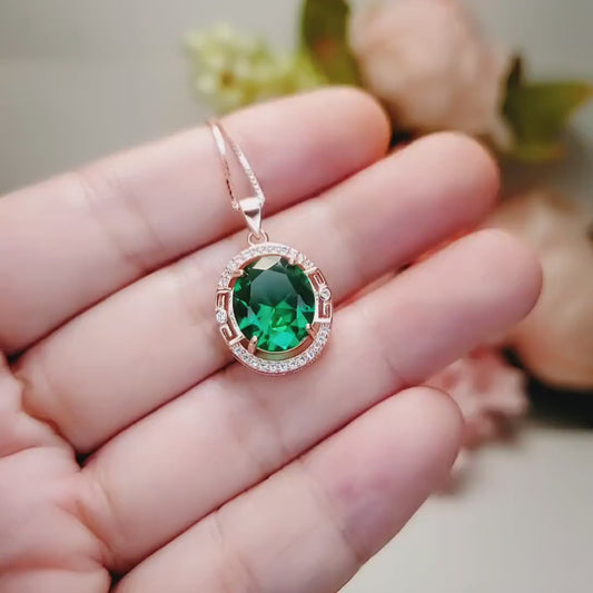 Rose Gold Coated Sterling Silver Oval Cut Green Emerald Pendant - 4.7 CT Large Emerald Necklace #629