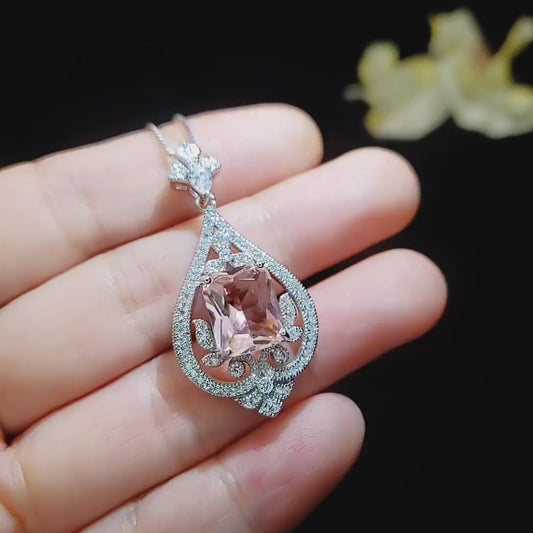 Baguette Pink Morganite Necklace Gemstone Spiritual Flower 18KG Sterling Silver 4.5 CT Rectangular Pink Morganite Pendant #824