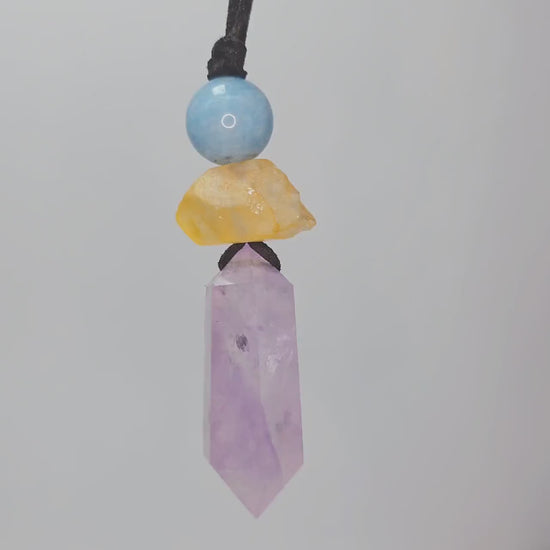 Chunky Amethyst Crystal Necklace, Geometric Aquamarine & Citrine Quartz Pendant, Zen Healing Stone Statement Jewelry #2579
