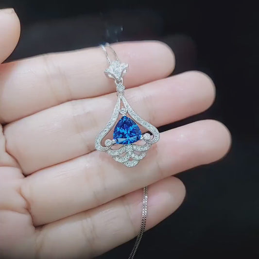 Mandolin flower Blue Sapphire Necklace - 1.2 ct Trillion Cut Blue Sapphire Pendant -  White Gold coated Sterling Silver Gemstone Design #675