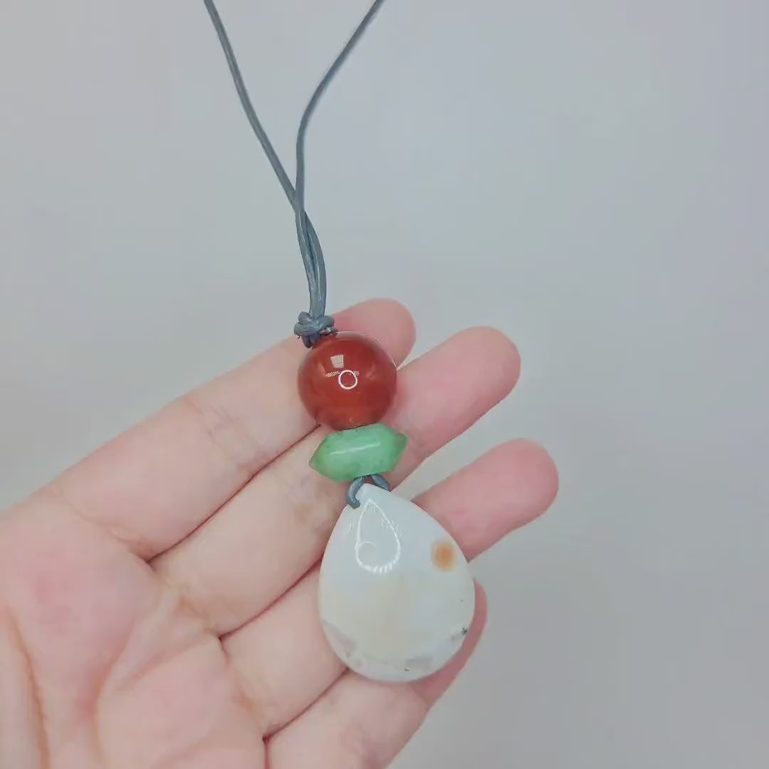 Sunrise Agate Necklace, Carnelian and Aventurine Pendant, Leather Cord Choker, Boho Gemstone Jewelry, Spiritual Chunky Stone Gift