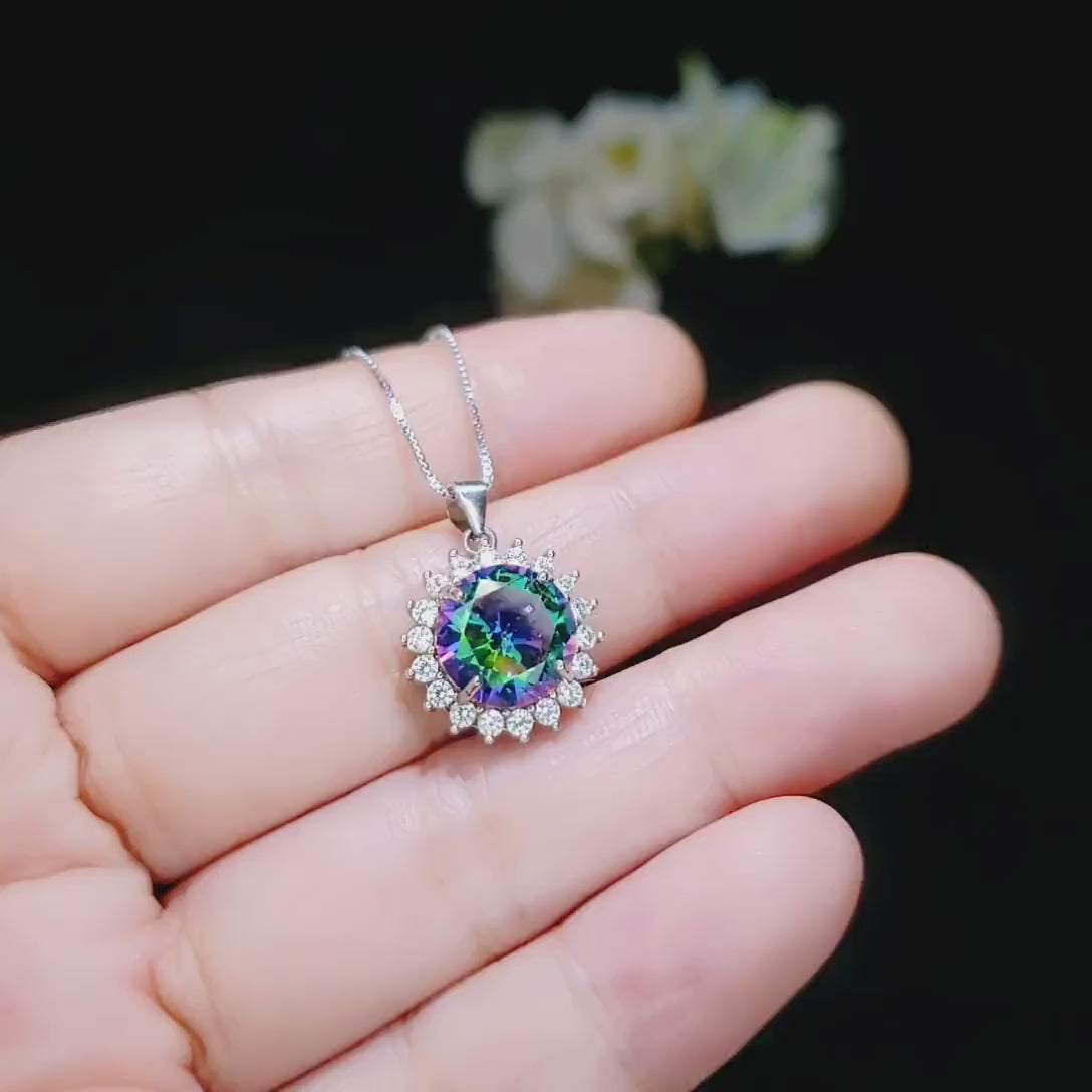 Mystic Topaz Necklace - Gemstone Sunflower Style - White Gold plated Sterling Silver - Princess Diana Style 10mm Rainbow Topaz Jewelry #363
