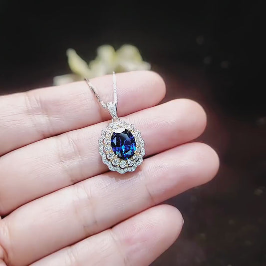 Blue Sapphire Necklace - Double Halo Gemstone -  Blue Sapphire Pendant 18KGP @ Sterling Silver - September Birthstone - 2.3CT Oval #592