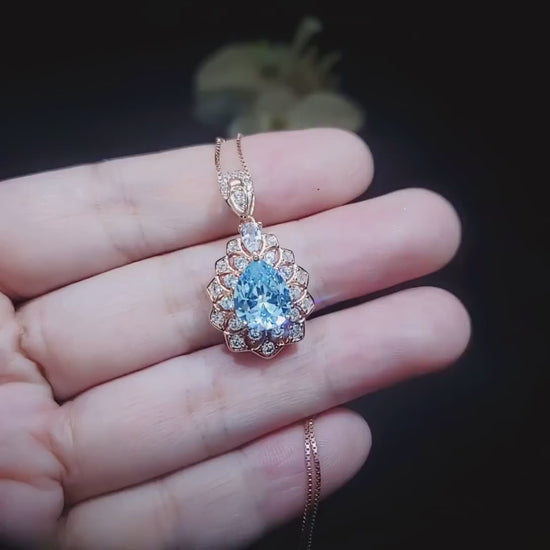 Teardrop Aquamarine Necklace Rose Gold Sterling Silver 2.8 ct Blue Aquamarine Pendant - March Birthstone - Layered Lily Flower Jewelry #750