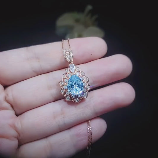 Teardrop Aquamarine Necklace Rose Gold Sterling Silver 2.8 ct Blue Aquamarine Pendant - March Birthstone - Layered Lily Flower Jewelry #750