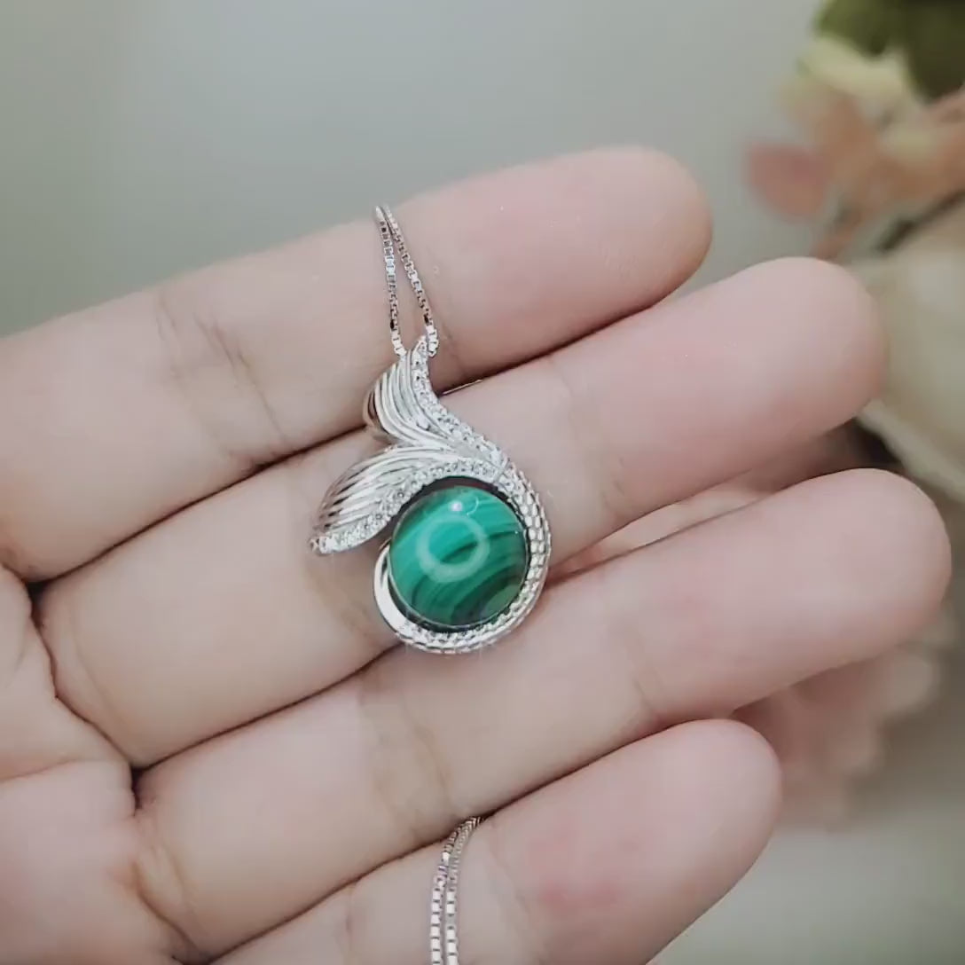 Natural Malachite Necklace - Sterling Silver White Gold Mermaid Pendant - Heart Chakra Healing Green Stone Jewelry #934