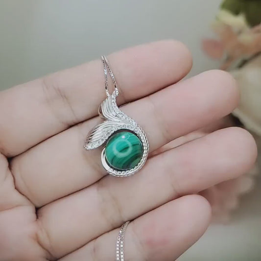 Natural Malachite Necklace - Sterling Silver White Gold Mermaid Pendant - Heart Chakra Healing Green Stone Jewelry #934