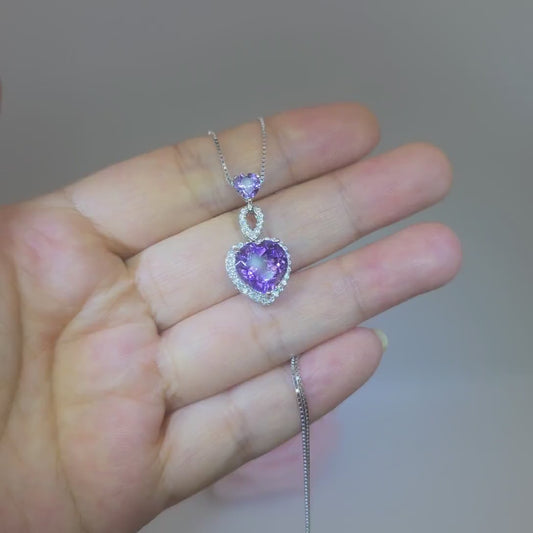 Genuine Amethyst Necklace - Double Heart Amethyst Jewelry - Full Sterling Silver Made February Birthstone Natural Gemstone Pendant #927