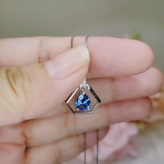 Geometric Blue Sapphire Necklace - Sterling Silver Triangle Gemstone Teardrop 1.2 CT Blue Sapphire Pendant - Tiny Dynamic Jewelry #106