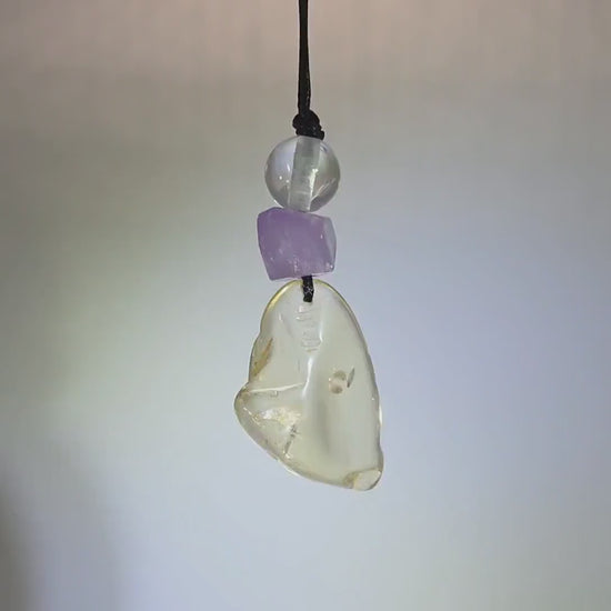 Large Chunky Citrine Necklace Amethyst Clear Quartz Pendant Leather cord , Large Size Citrine Jewelry Long Chain Adjustable UP to 30" #2336