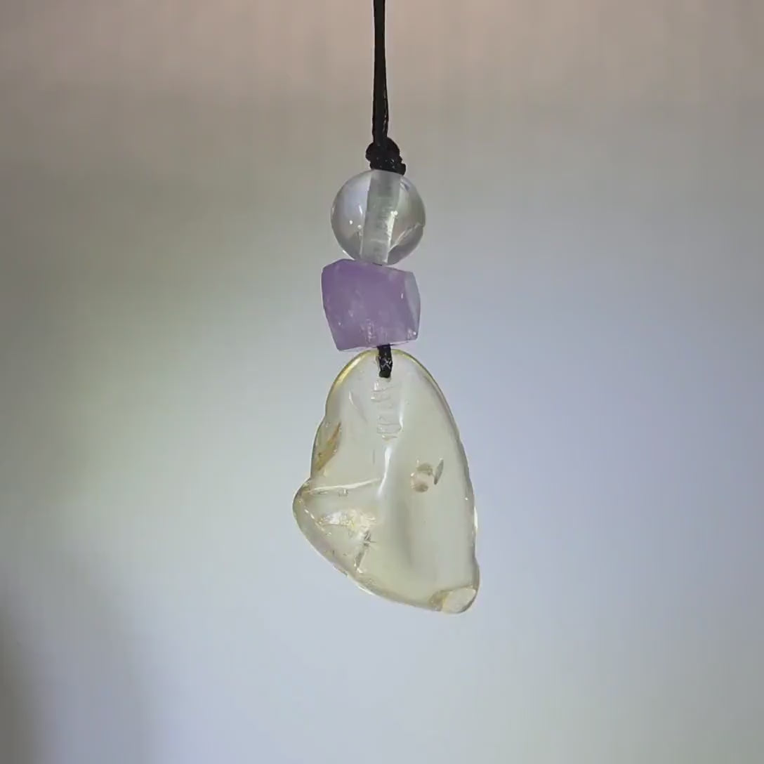 Large Chunky Citrine Necklace Amethyst Clear Quartz Pendant Leather cord , Large Size Citrine Jewelry Long Chain Adjustable UP to 30" #2336
