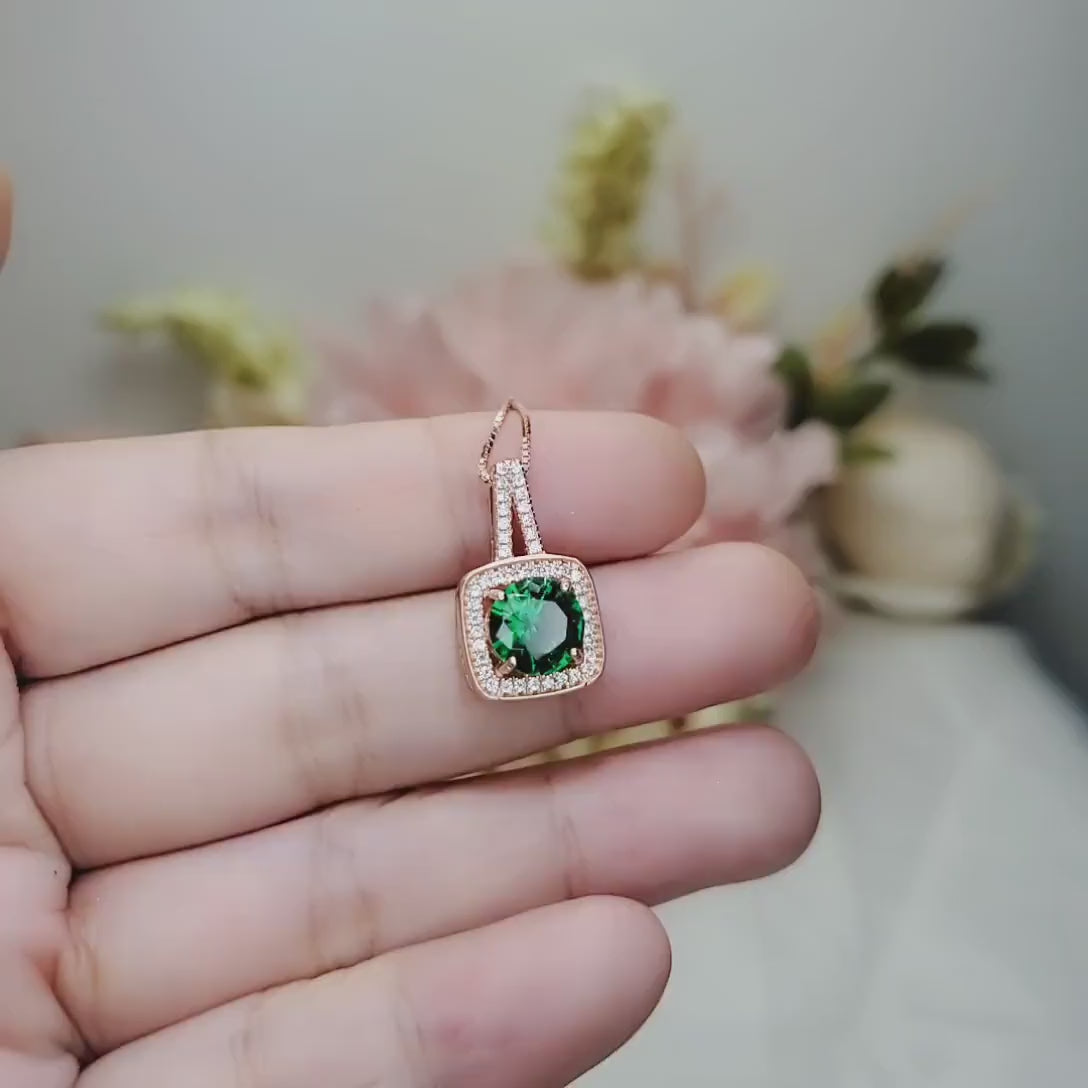 2 CT Emerald Necklace  - Gemstone Square Halo Rose Gold plated Sterling Silver round cut emerald pendant #141