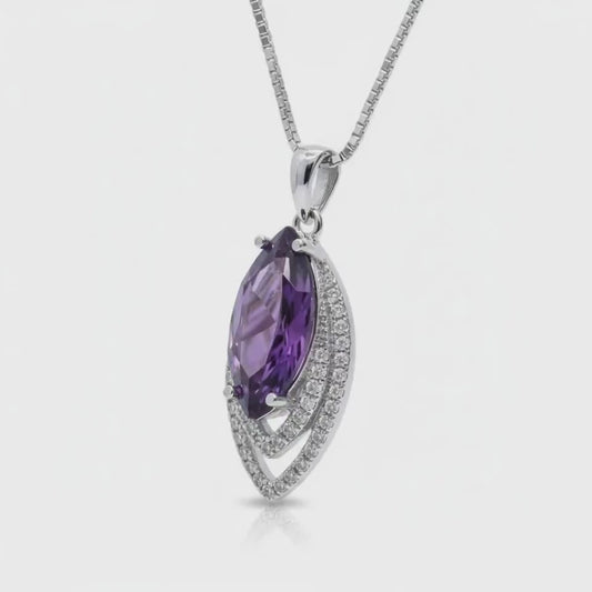 Genuine Marquise Amethyst Necklace, Sterling Silver - White Gold Coated Double Diamond Halo -  Large 3 CT Created synthetic  Diamond Leaf
