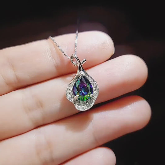 Mystic Topaz Necklace Sterling Silver Flower Petal Pendant White Gold plated Teardrop Rainbow Gemstone #284