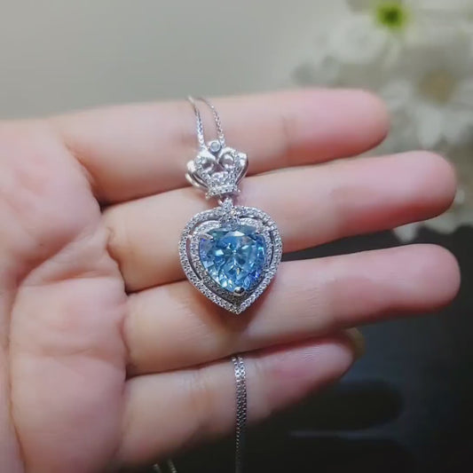 Aquamarine Necklace -  Blue Hear Pendant - Sterling Silver Crown - Sim Gemstone - 7 Ct  Blue Aquamarine Jewelry -   March Birthstone #804