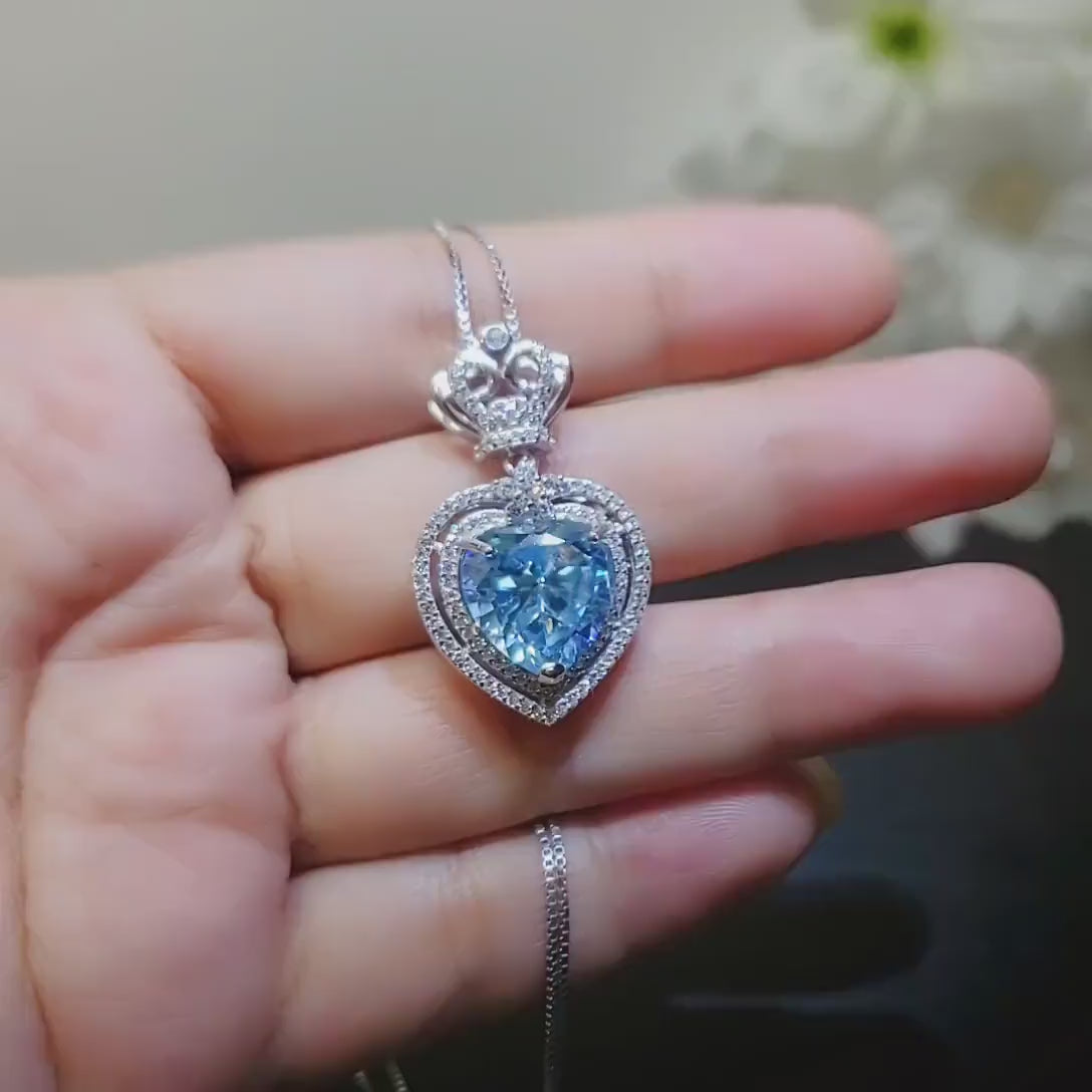 Aquamarine Necklace -  Blue Hear Pendant - Sterling Silver Crown - Sim Gemstone - 7 Ct  Blue Aquamarine Jewelry -   March Birthstone #804