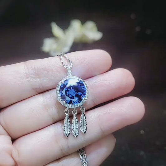 Large Round Blue Sapphire Necklace Gemstone Dream Catcher Necklace Blue Sapphire Pendant 18KGP @ Sterling Silver - September Birthstone #830