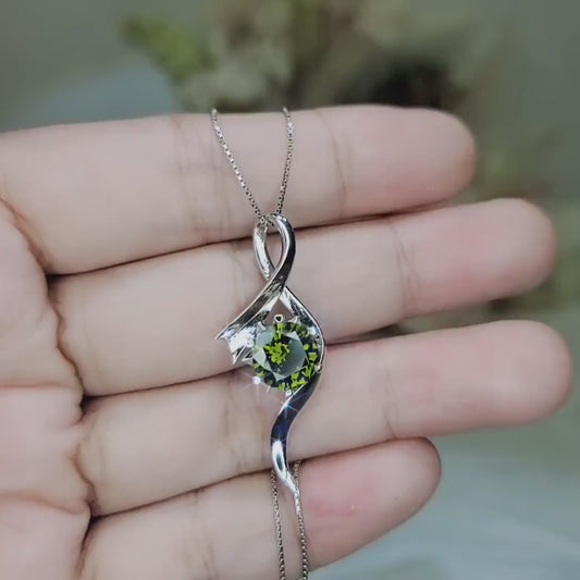 Sterling Silver Bow Peridot Necklace - White Gold coated Swirl Infinity Dynamic 2 CT Green Peridot Pendant - August Birthstone #510